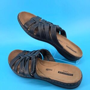 Clarks Collection Womens 8 M Black Leather Strappy Slides Cushion Soft 1.5"